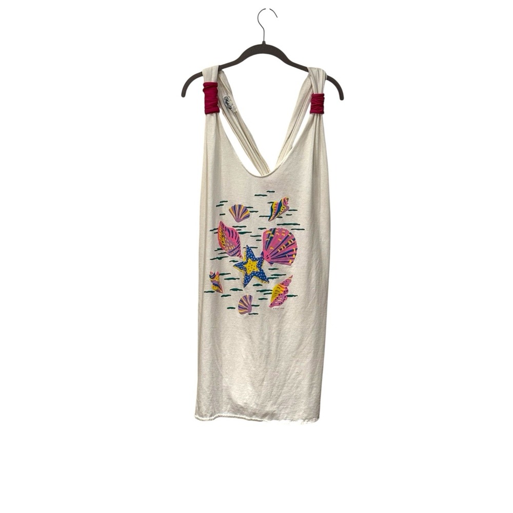 Cream Beach Graphic Sleeveless Dress with Pink Accents